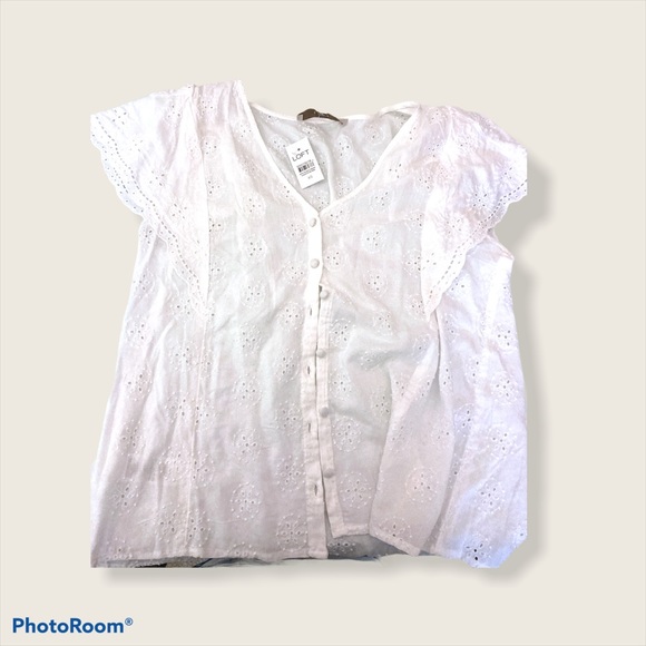 Loft Embroidered White Ruffle Blouse (XS) - Picture 1 of 2